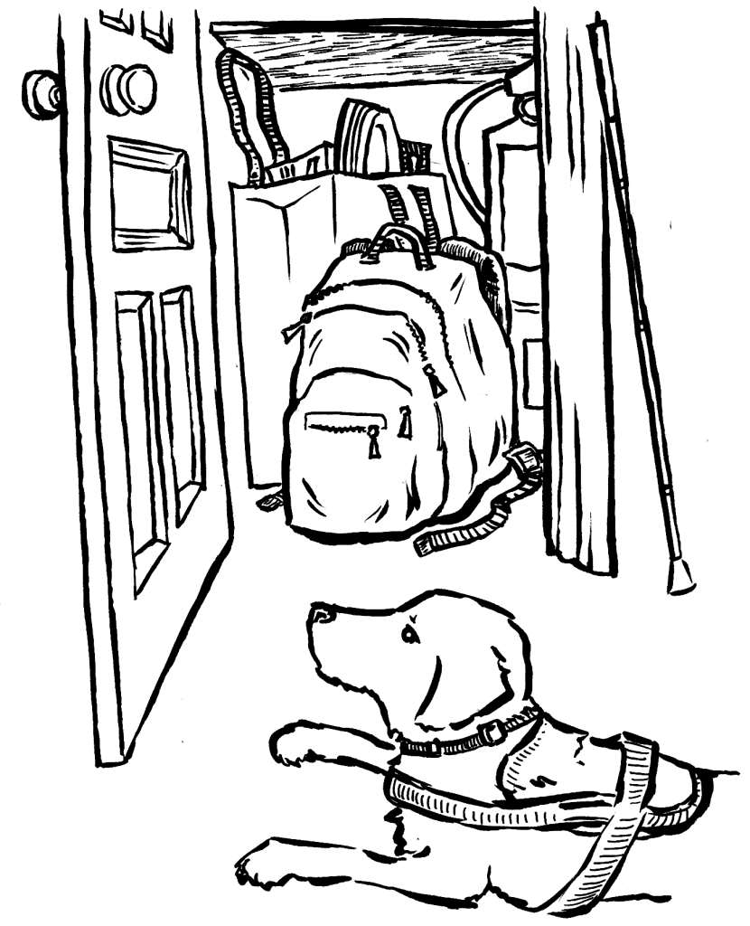 An open closet door reveals a backpack, or "go bag," extra food, and an extra supply of oxygen inside. There is a walking cane propped against the door frame. A service dog lays on the floor, watching
