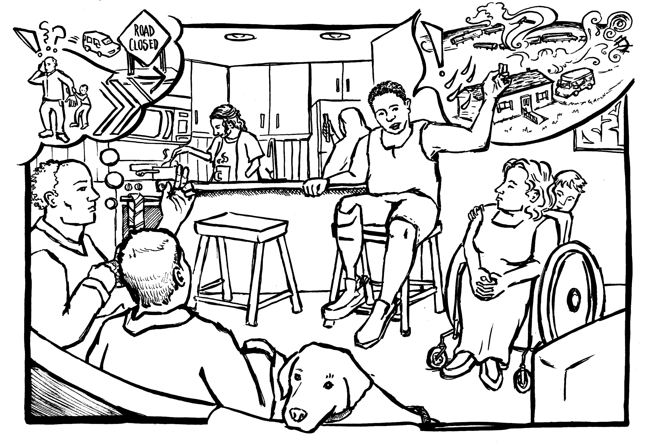 A group of people, including a man with prosthetic legs and a woman in a wheelchair, gather in a kitchen sharing stories. One mans thought bubble depicts a flood, damaged houses, and a road closed sign. A service dog rests nearby.