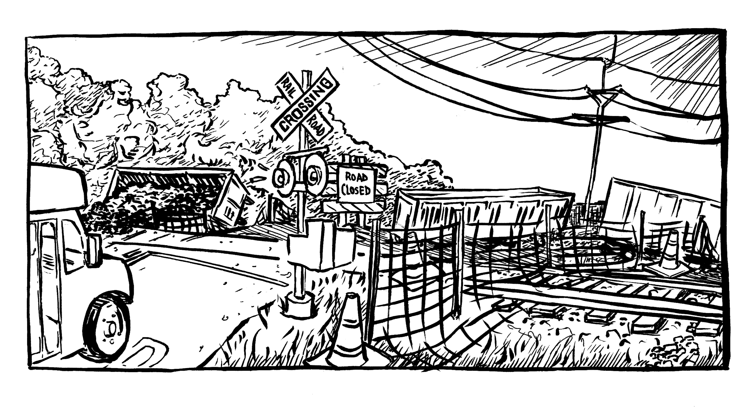 A railroad crossing with a “ROAD CLOSED” sign, train cars derailed off the tracks, and a truck stopped nearby. Traffic cones and a utility pole are visible amid trees and buildings in the background.