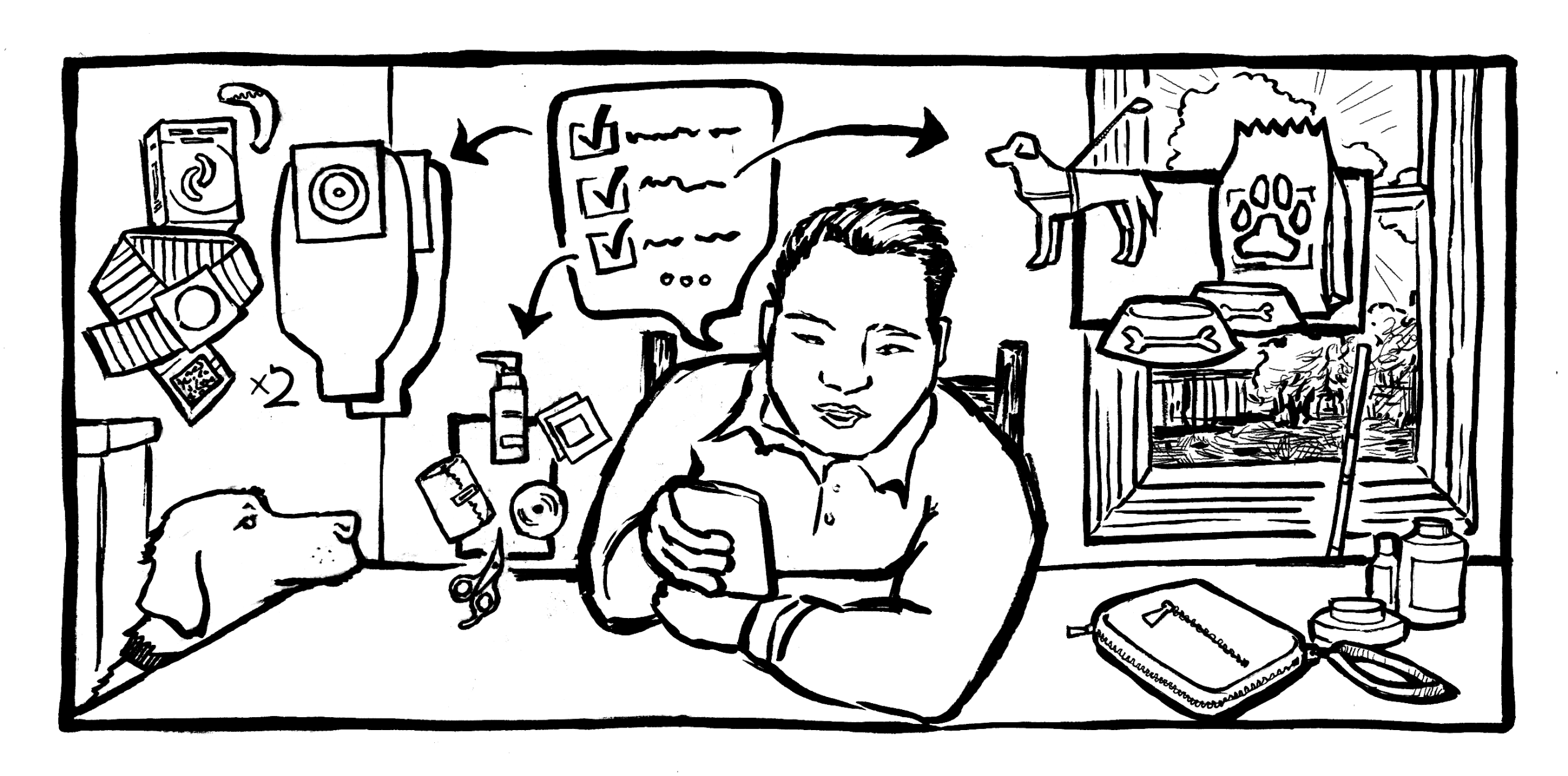A person sits at a desk using a phone, surrounded by dog-related items, checklists, and digital icons. A dog looks up from the side, and a window shows trees outside. Various supplies are scattered on the desk.