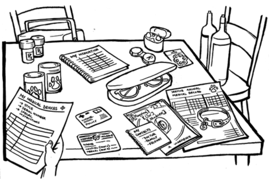 A table with medication, bottles, glasses, a sandwich, a pill organizer, a pet’s medical records, insurance cards, and a hand holding a list labeled “My Medical Devices.”.