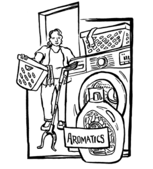 A person on crutches holds a laundry basket near a washing machine, with another basket and detergent bottle labeled “Aromatics” in front.