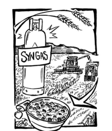 Black and white drawing of a gas cylinder labeled Syngas, a wheat field with harvesters, wheat, and a bowl of cereal; an arrow connects the field to the bowl.