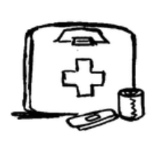 A first aid kit with a cross symbol, a bandage, and a roll of medical tape beside it.