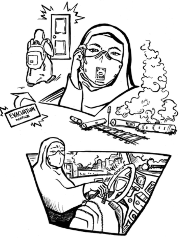 Illustration of a person wearing a mask and backpack, holding an evacuation notice, with smoke in the background.