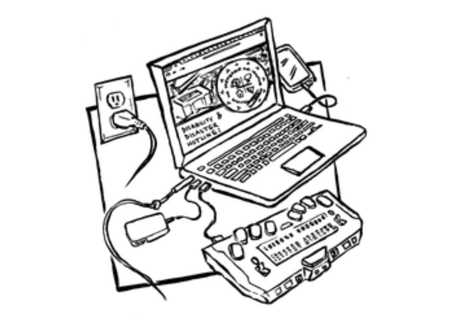 Black and white drawing of a laptop displaying a clock, a plugged-in cable, a phone, a surge protector, and other electronic devices connected on a desk.